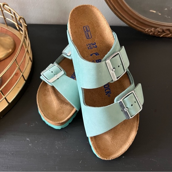 BIRKENSTOCK Birks Sandal Arizona with Soft Bed Beryl Turquoise Nubuck New 37 - Picture 2 of 7